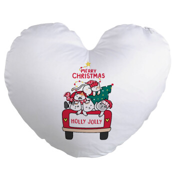 Merry Christmas cats in car, Μαξιλάρι καναπέ καρδιά 40x40cm περιέχεται το  γέμισμα