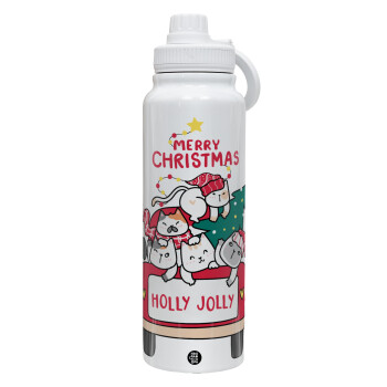 Merry Christmas cats in car, 1L Stainless Steel Thermal Bottle with Phone Holder & Double Wall Insulation