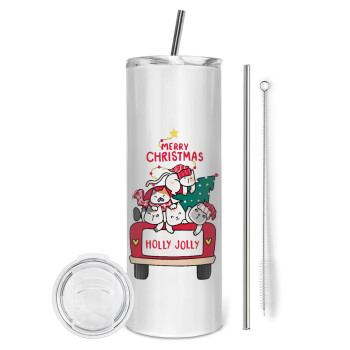 Merry Christmas cats in car, Eco friendly stainless steel tumbler 600ml, with metal straw & cleaning brush