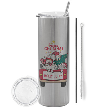 Merry Christmas cats in car, Eco friendly stainless steel Silver tumbler 600ml, with metal straw & cleaning brush