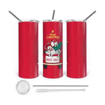 Merry Christmas cats in car, Tumbler stainless steel 600ml, with metal straw & cleaning brush