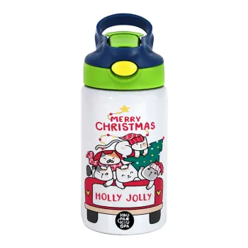 Merry Christmas cats in car, Παιδικό παγούρι θερμό, ανοξείδωτο, με καλαμάκι ασφαλείας, πράσινο/μπλε (350ml)