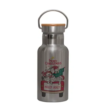 Merry Christmas cats in car, Stainless steel metallic thermos flask, silver with a bamboo lid, double-walled, 350ml.
