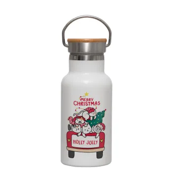 Merry Christmas cats in car, Metallic thermos (Stainless steel) White with wooden lid (bamboo), double-walled, 350ml