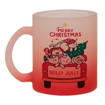 Merry Christmas cats in car, Κούπα γυάλινη δίχρωμη με βάση το κόκκινο ματ, 330ml