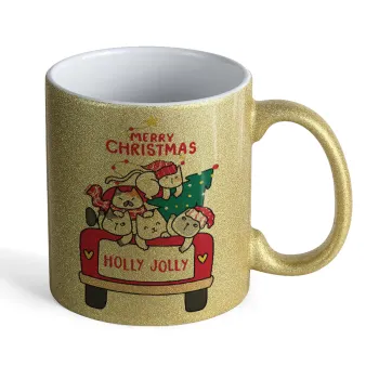 Merry Christmas cats in car, Κούπα Χρυσή Glitter που γυαλίζει, κεραμική, 330ml