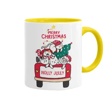 Merry Christmas cats in car, Κούπα χρωματιστή κίτρινη, κεραμική, 330ml