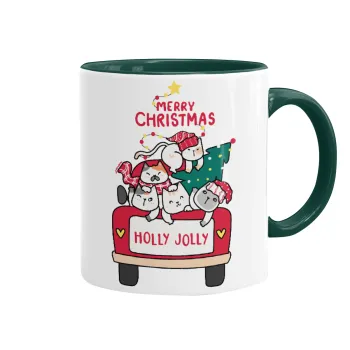 Merry Christmas cats in car, Κούπα χρωματιστή πράσινη, κεραμική, 330ml