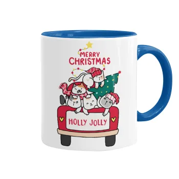 Merry Christmas cats in car, Mug colored blue, ceramic, 330ml