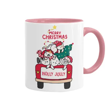 Merry Christmas cats in car, Κούπα χρωματιστή ροζ, κεραμική, 330ml
