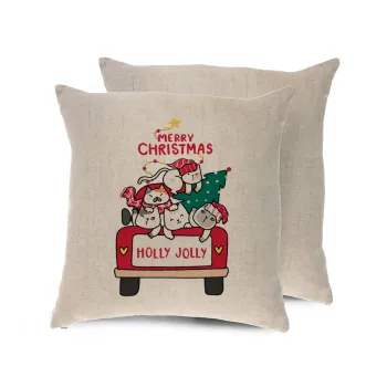 Merry Christmas cats in car, Μαξιλάρι καναπέ ΛΙΝΟ 40x40cm περιέχεται το  γέμισμα