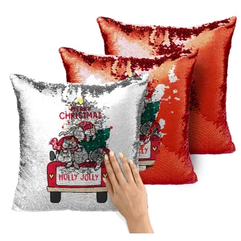 Merry Christmas cats in car, Μαξιλάρι καναπέ Μαγικό Κόκκινο με πούλιες 40x40cm περιέχεται το γέμισμα