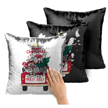 Merry Christmas cats in car, Μαξιλάρι καναπέ Μαγικό Μαύρο με πούλιες 40x40cm περιέχεται το γέμισμα