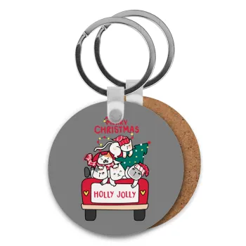 Merry Christmas cats in car, Μπρελόκ Ξύλινο στρογγυλό MDF Φ5cm