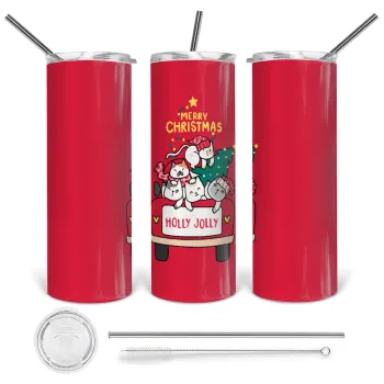 Merry Christmas cats in car, Tumbler ποτήρι θερμό από ανοξείδωτο ατσάλι 600ml, με μεταλλικό καλαμάκι & βούρτσα καθαρισμού