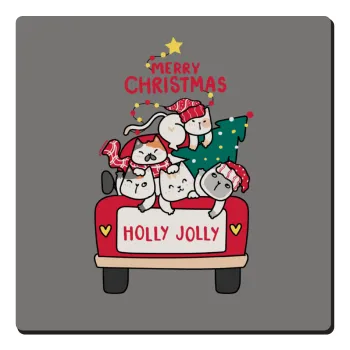 Merry Christmas cats in car, Τετράγωνο μαγνητάκι ξύλινο 6x6cm