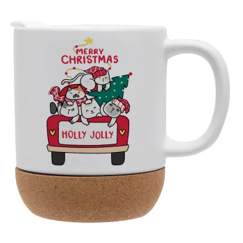 Merry Christmas cats in car, Ceramic coffee mug Cork (MAT), 330ml