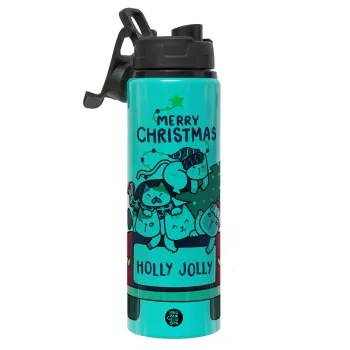 Merry Christmas cats in car, Μεταλλικό παγούρι νερού με καπάκι ασφαλείας, αλουμινίου 850ml