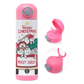 Merry Christmas cats in car, Παιδικό παγούρι θερμό, ανοξείδωτο, με καλαμάκι ασφαλείας, ΡΟΖ (500ml)