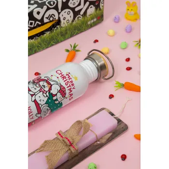 Merry Christmas cats in car, Easter Set, SS Metallic water bottle (620ml, stainless steel) & scented flat Easter candle (30cm) (PINK)