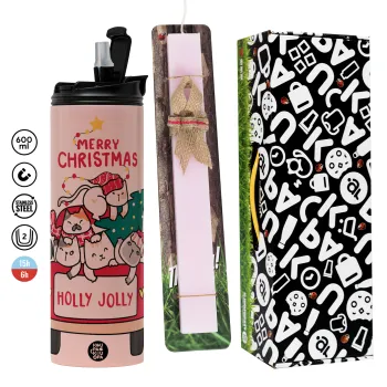 Merry Christmas cats in car, Πασχαλινή Λαμπάδα με  ΡΟΖ Travel Tumbler θερμό (600ml, BPA free) & κερί αρωματικό πλακέ (30cm) (ΡΟΖ)