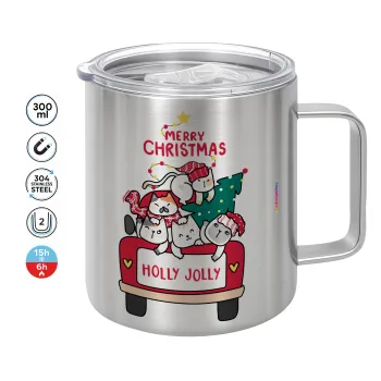 Merry Christmas cats in car, Mug Stainless steel double wall 300ml