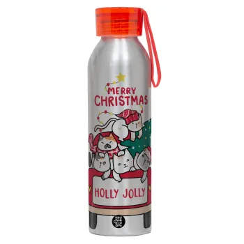 Merry Christmas cats in car, Αλουμινένιο Αθλητικό Μπουκάλι 650ml – Ασημί με Κόκκινο Καπάκι και Λουράκι Σιλικόνης