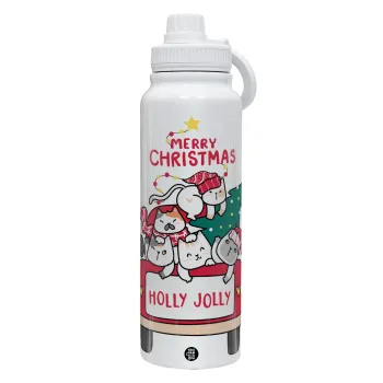 Merry Christmas cats in car, Θερμός 1L Ανοξείδωτο με Βάση Κινητού & Διπλά Τοιχώματα