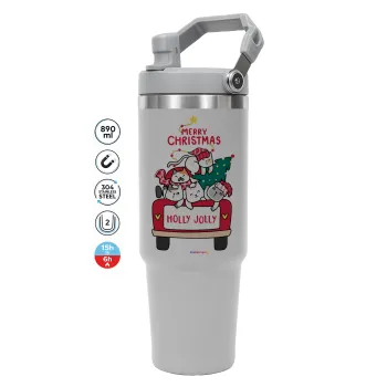 Merry Christmas cats in car, ΓΚΡΙ χρώματος Θερμός Ανοξείδωτο 890ml (30oz) με χερούλι
