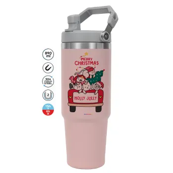 Merry Christmas cats in car, ΡΟΖ χρώματος Θερμός Ανοξείδωτο 890ml (30oz) με χερούλι