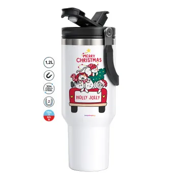 Merry Christmas cats in car, Mega Tumbler με καπάκι, διπλού τοιχώματος (θερμό) 1,2L