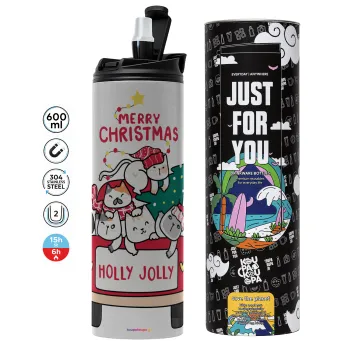 Merry Christmas cats in car, Tumbler ποτήρι θερμό ΓΚΡΙ από ανοξείδωτο ατσάλι 600ml