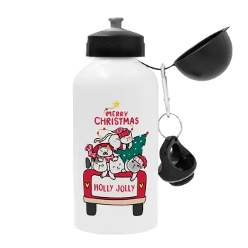 Merry Christmas cats in car, Metal water bottle, White, aluminum 500ml