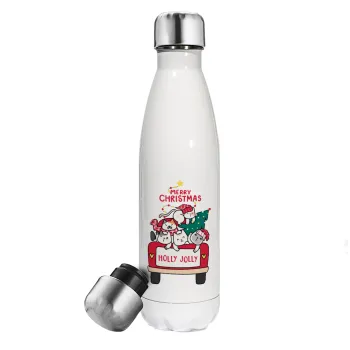 Merry Christmas cats in car, Metal mug thermos White (Stainless steel), double wall, 500ml