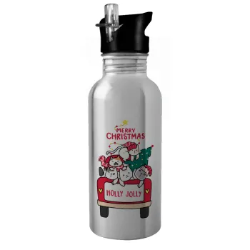 Merry Christmas cats in car, Water bottle Silver with straw, stainless steel 600ml