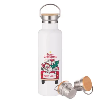 Merry Christmas cats in car, Stainless steel White with wooden lid (bamboo), double wall, 750ml