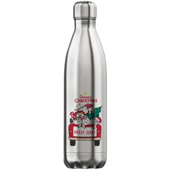 Merry Christmas cats in car, Inox (Stainless steel) hot metal mug, double wall, 750ml