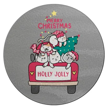 Merry Christmas cats in car, Επιφάνεια κοπής γυάλινη στρογγυλή (30cm)
