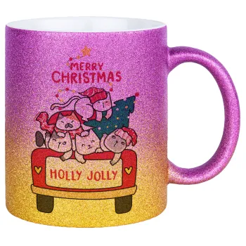 Merry Christmas cats in car, Κούπα Χρυσή/Ροζ Glitter, κεραμική, 330ml
