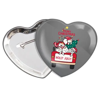 Merry Christmas cats in car, Κονκάρδα παραμάνα καρδιά (57x52mm)