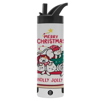 Merry Christmas cats in car, Metallic thermos bottle with straw & handle, stainless steel (Stainless steel 304), double-walled, 600ml.