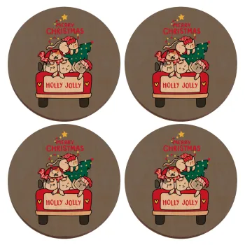 Merry Christmas cats in car, ΣΕΤ x4 Σουβέρ ξύλινα στρογγυλά plywood (9cm)