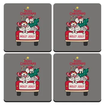 Merry Christmas cats in car, ΣΕΤ 4 Σουβέρ ξύλινα τετράγωνα (9cm)