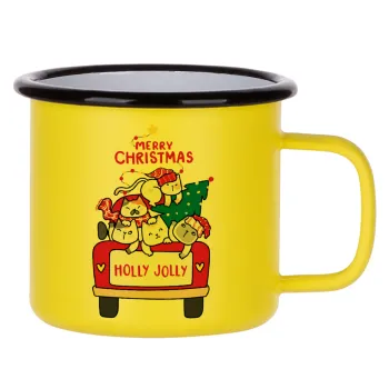 Merry Christmas cats in car, Metallic enamel MATT Yellow cup 360ml