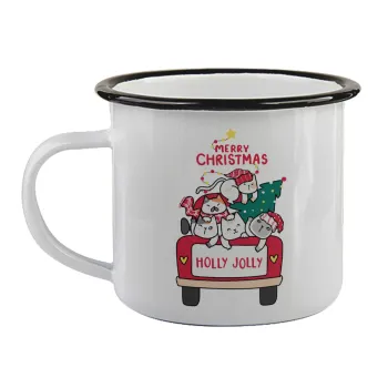 Merry Christmas cats in car, Κούπα εμαγιέ με μαύρο χείλος 360ml