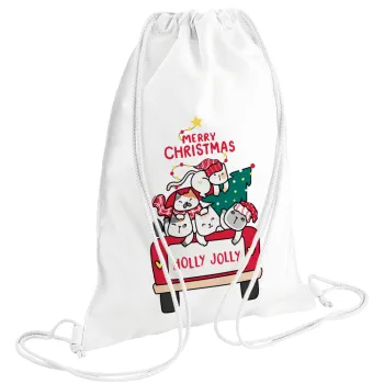 Merry Christmas cats in car, Τσάντα πλάτης πουγκί GYMBAG λευκή (28x40cm)