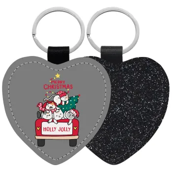 Merry Christmas cats in car, Μπρελόκ PU δερμάτινο glitter καρδιά ΜΑΥΡΟ