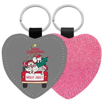 Merry Christmas cats in car, Μπρελόκ PU δερμάτινο glitter καρδιά ΡΟΖ