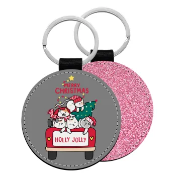 Merry Christmas cats in car, Μπρελόκ Δερματίνη, στρογγυλό ΡΟΖ (5cm)