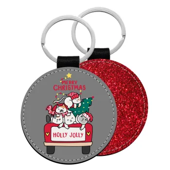 Merry Christmas cats in car, Μπρελόκ Δερματίνη, στρογγυλό ΚΟΚΚΙΝΟ (5cm)